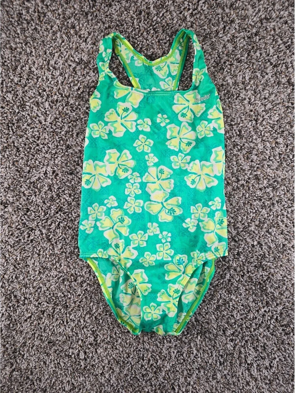 Speedo Girls Sz 12 One Piece Swimsuit Green Yellow Floral Print Racerback